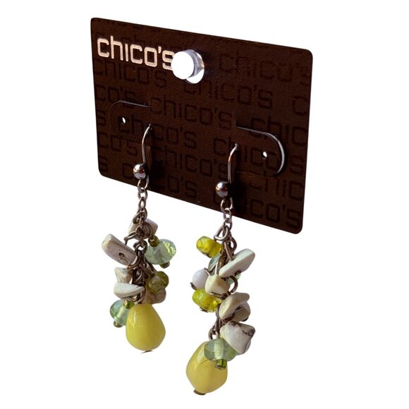 Y2K Chico’s Natural Stone Cluster Dangle Earrings Green Ivory Yellow Drop NOS - Picture 2 of 16